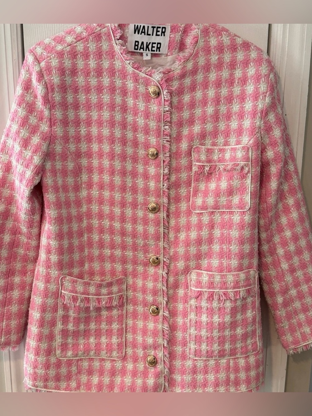 🎀🎀🎀Walter Baker szS Pink White Plaid Longline Blazer Gold Buttons